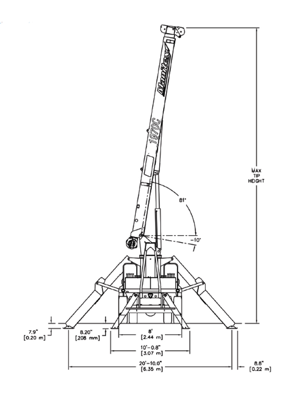 Manitex 1970C Outrigger and side Dimensions